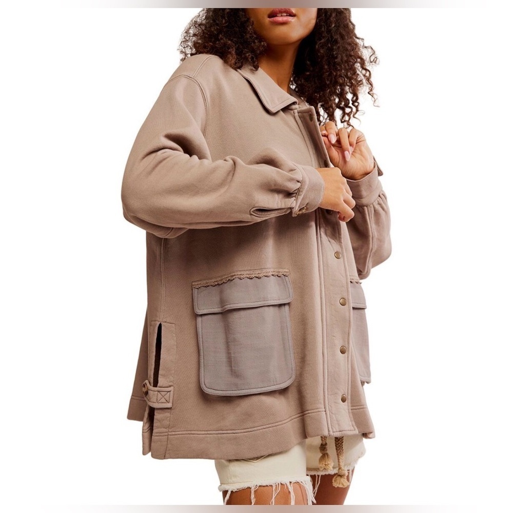 Free People Oversized Snap Front Shacket Jacket NWT Small Dusted Cocoa size S - Picture 2 of 16